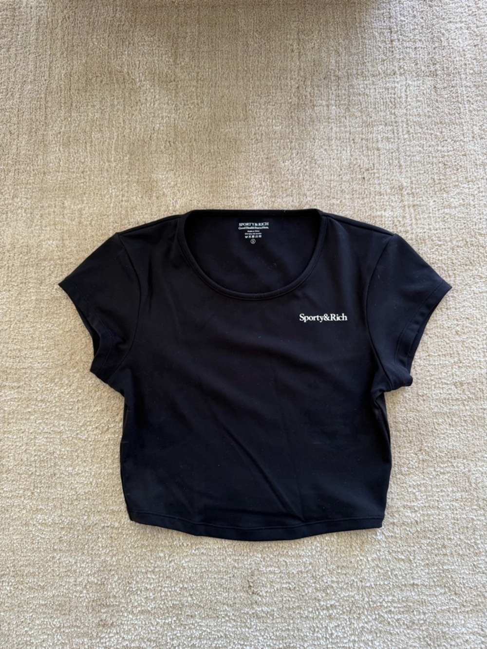 Sporty & Rich Black Cropped Scoop Neck Tee with Logo